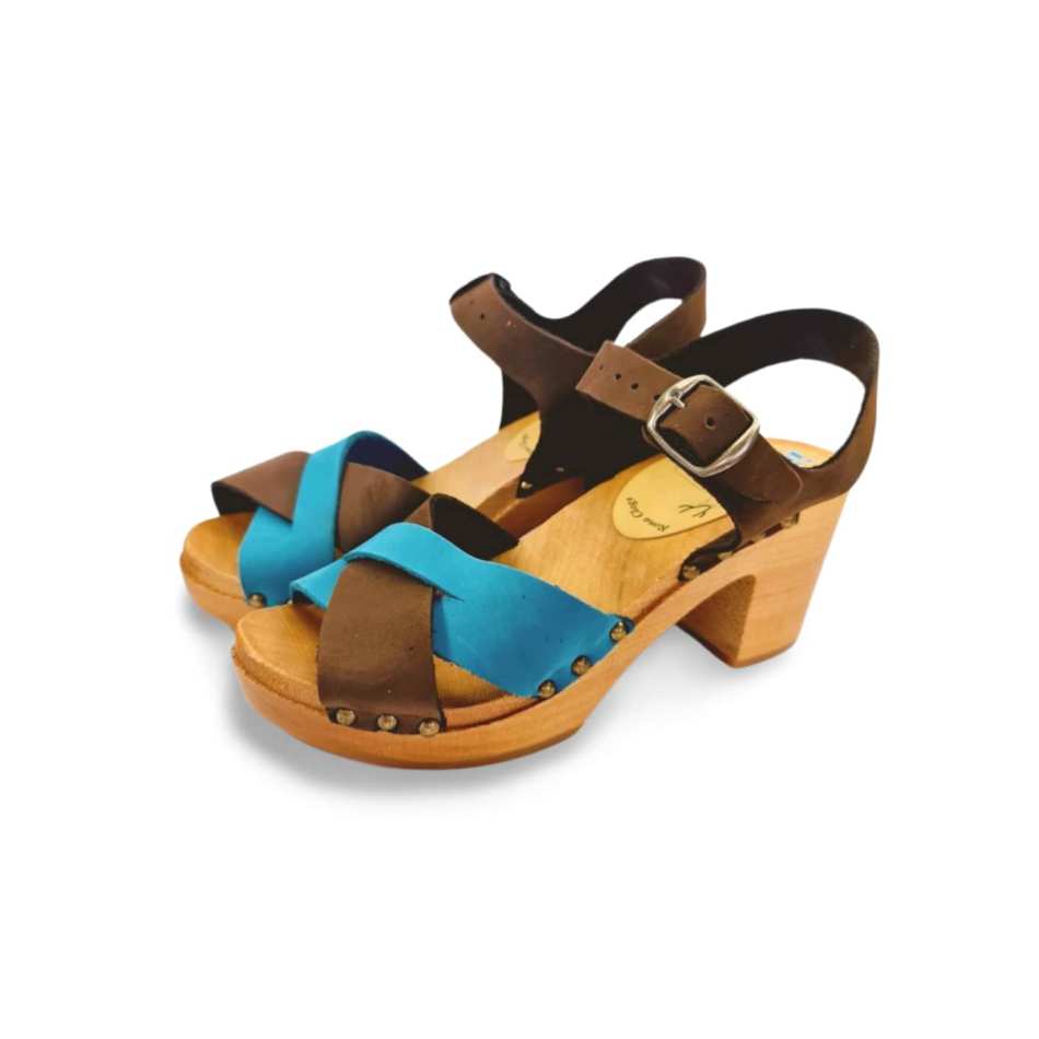 סנדל חום טורקיז כפכפי עץ רונה