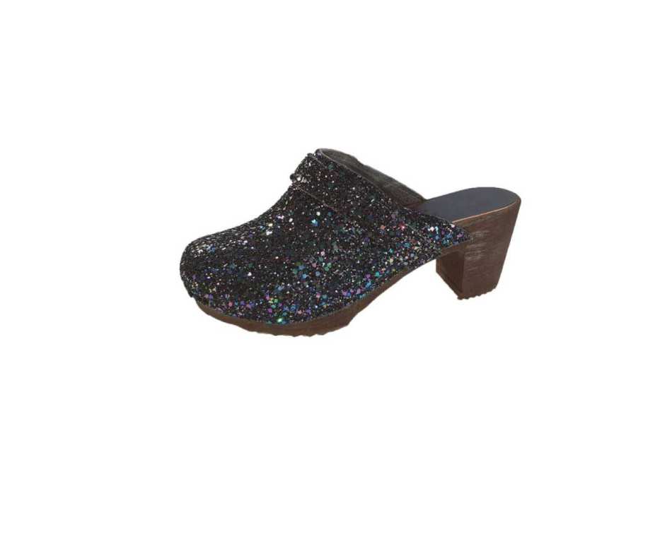כפכפי עץ שחור צבעוני נוצץ