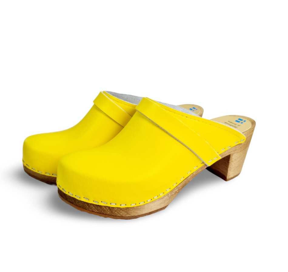 Yellow high heel clogs